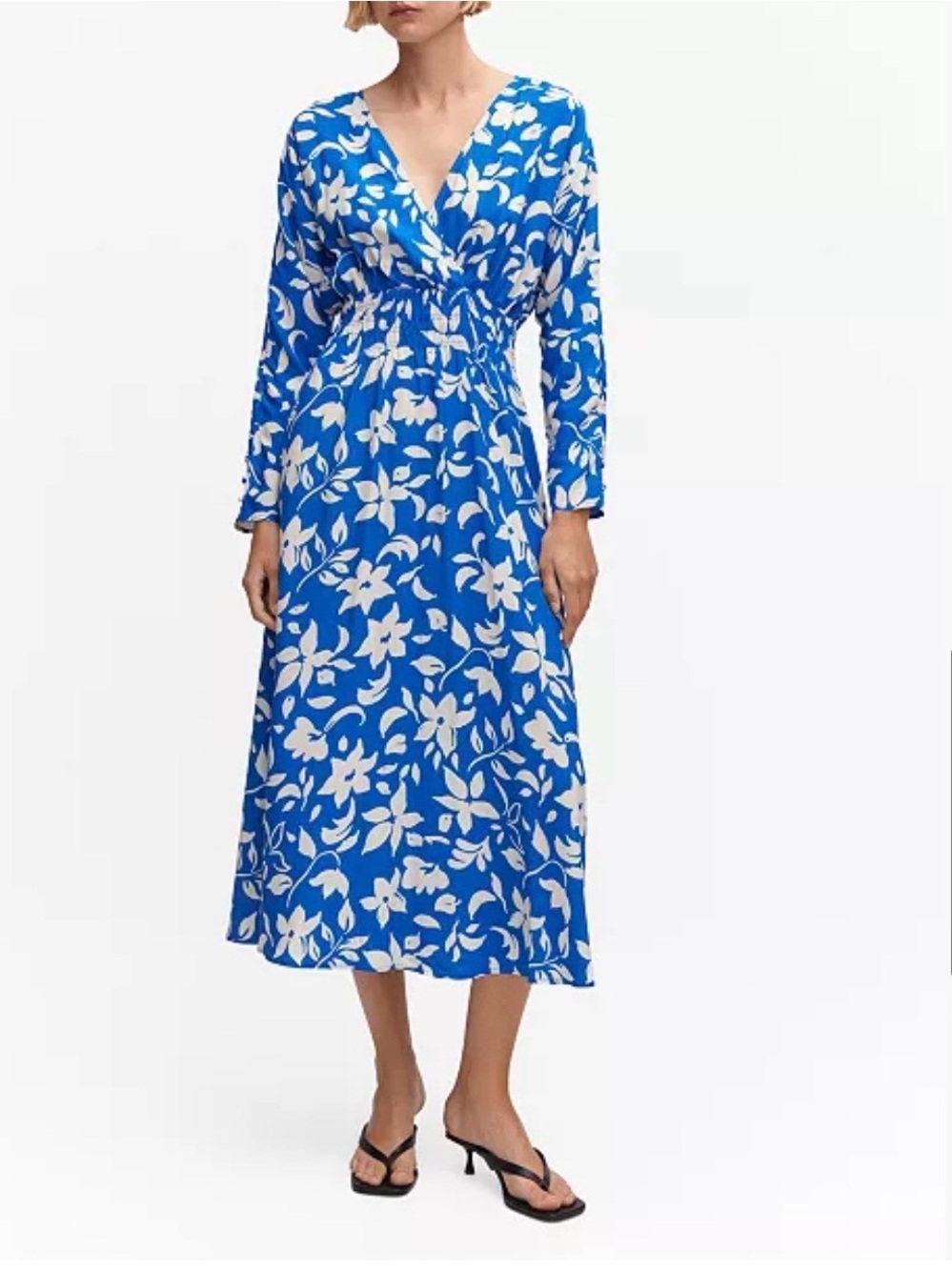 Mango Blue Floral V-Neck Long Sleeve Midi Dress M Office Brunch Wedding